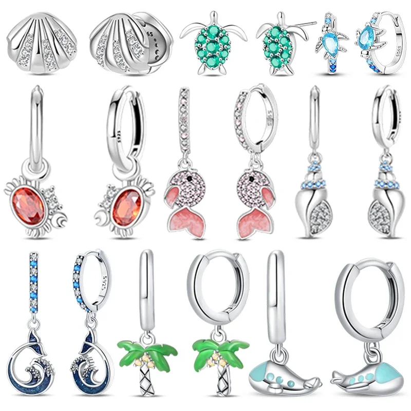 Original Earrings 925 Silver Ocean Theme Shell Turtle Hoop Earrings Ear Studs Green Zircon Making Jewelry for Women Girl Party
