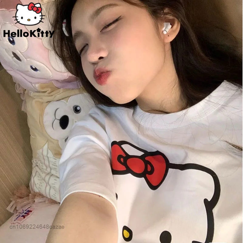 

Sanrio Hello Kitty Cute Cartoon Pattern T-shirt Japanese Style Soft Casual Loose Top High Quality Y2k Fashion Clothes For Women