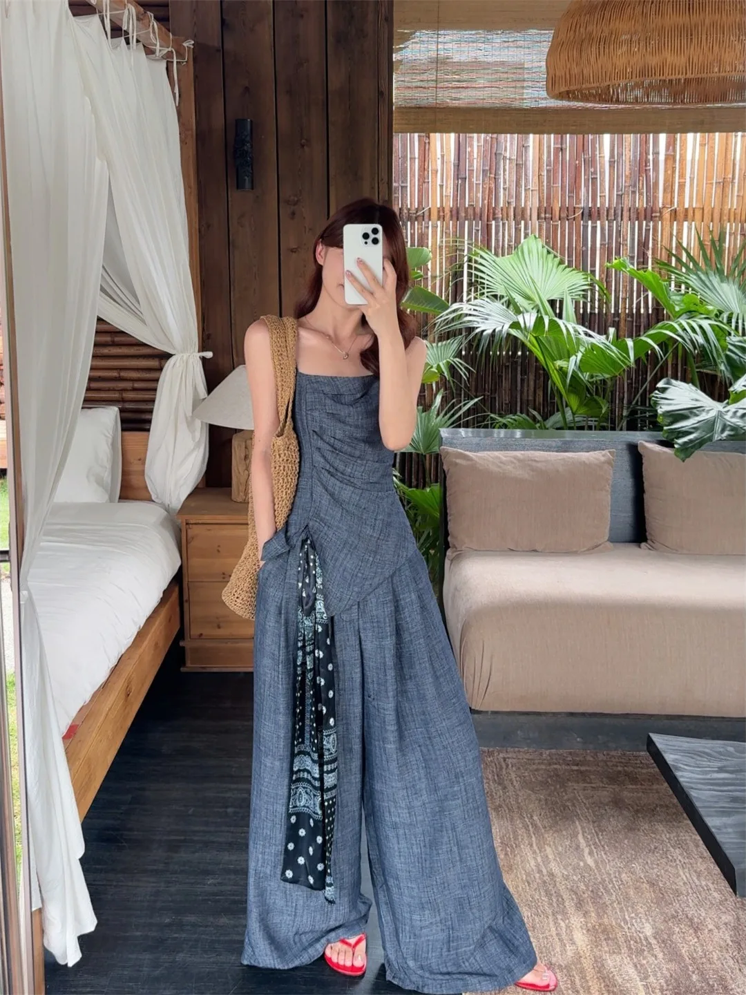 

Retro Women's Three-Piece Set Summer Commute Style High Waist Wide Leg Pants Scarf Included Irregular Strap Spring Fashion