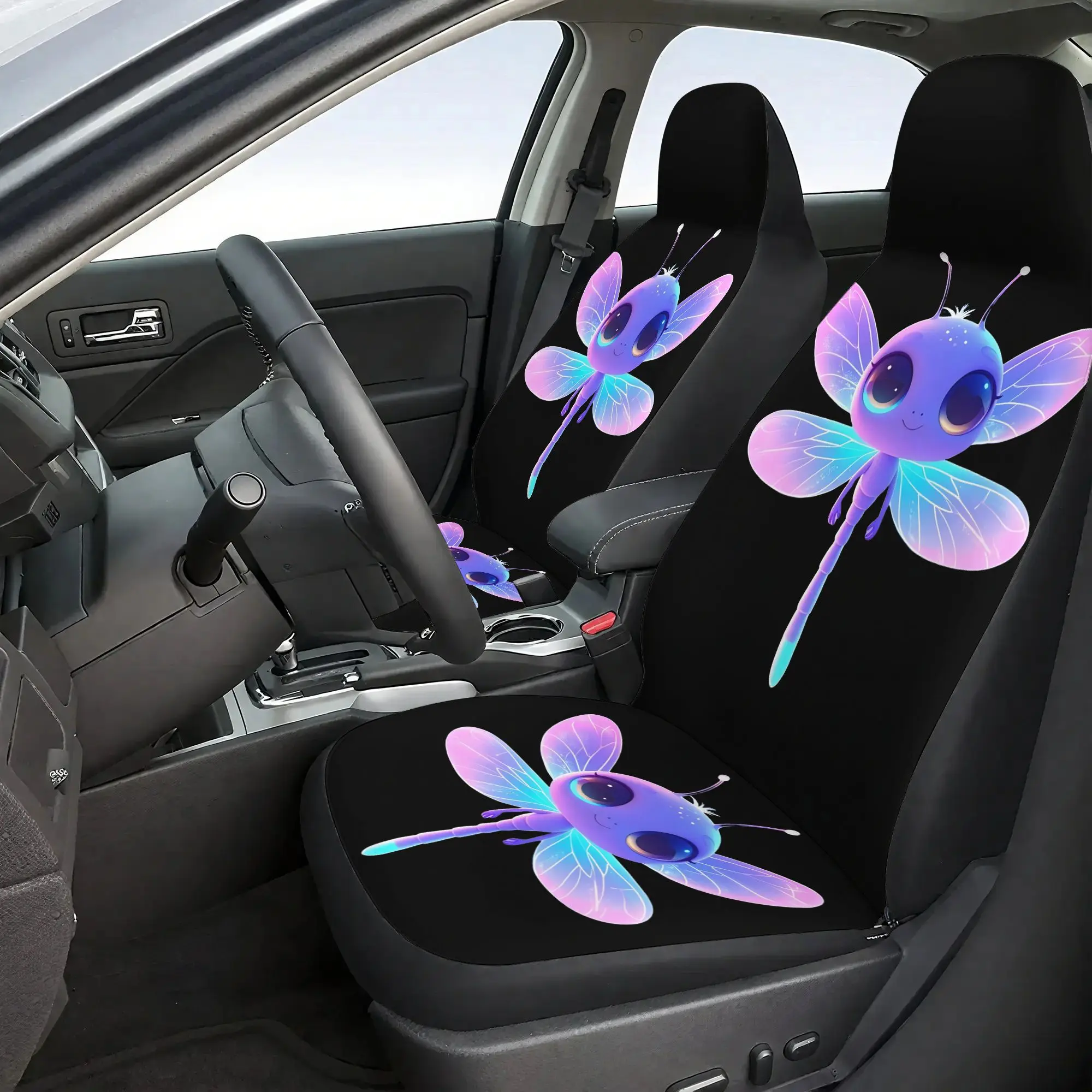 2D Flat 7pcs Dreamy Dragonfly Print Car Seat Cover, Suitable For Most Car Models - Including 2 Front Seat Covers+1 Rear Seat Bac