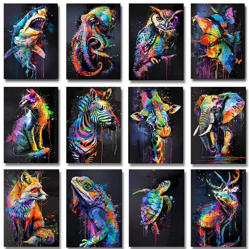 Graffiti Whale Jellyfish Shark Giraffe  Owl Eagle Fox Zebra Animal Canvas Painting Poster Print Wall Art Living Room Home Decor