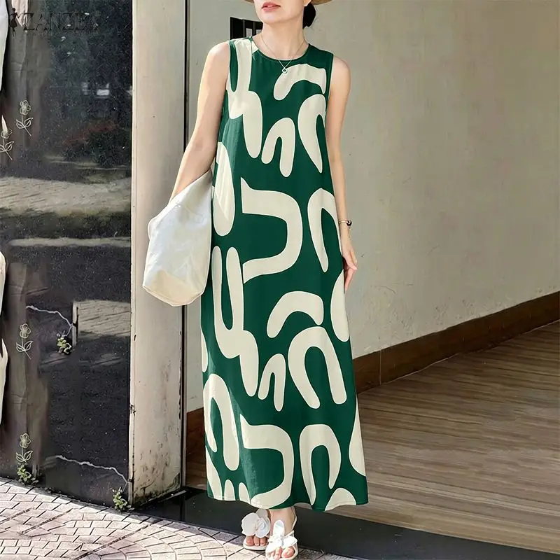 ZANZEA Women's Summer Sleeveless Maxi Dress Vintage Abstract Print O-Neck SundressLoose Casual Beach Vacation Long Robe Vestidos