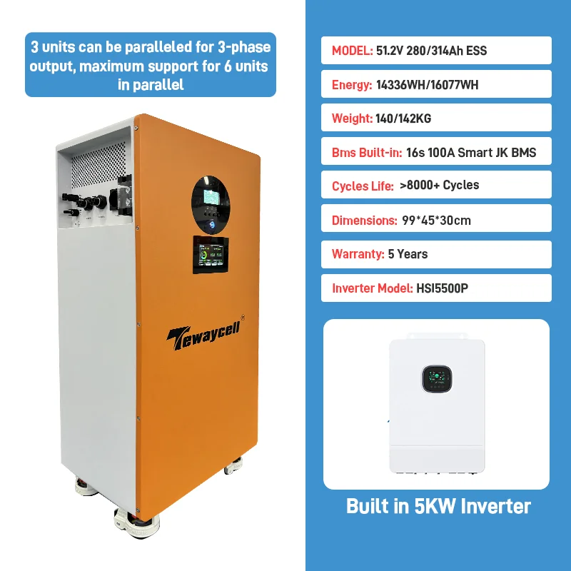 Tewaycell 16kWh 5kW Inverter Off Grid Solar Storage All in One System Active Balancing 51.2V 314Ah LiFePO4 Battery Home ESS WiFi