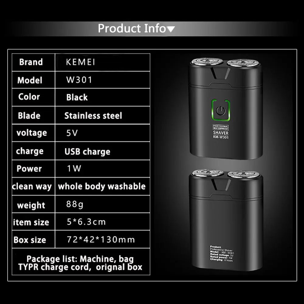 Kemei-Mini Afeitadora eléctrica recargable para hombre, máquina de afeitar de doble hoja, W301, venta al por mayor