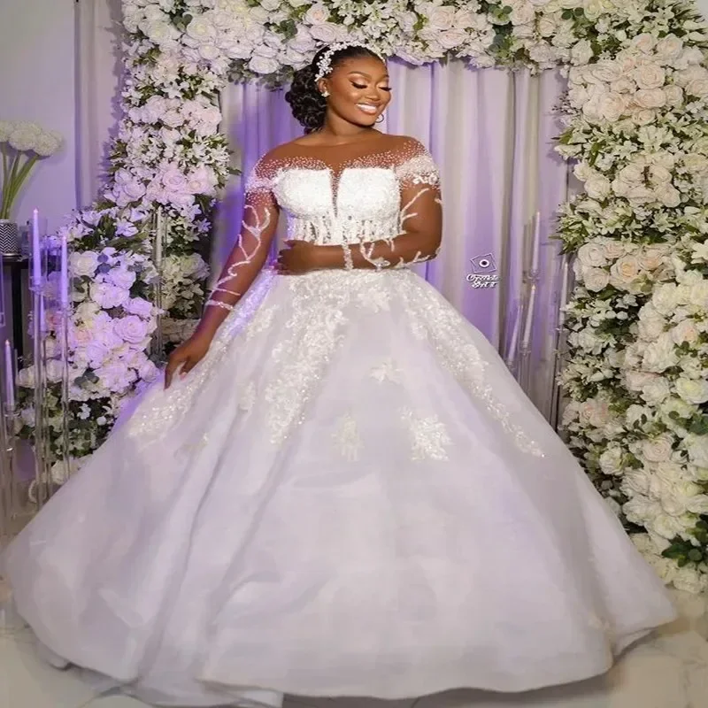 

Элегантное бальное платье по индивидуальному заказу, арабское свадебное платье Aso Ebi для невесты, иллюзия, длинные рукава, блестящие бусины, аппликации, свадебные платья