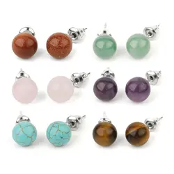 2pcs 8mm Round Natural Stone Stainless Steel Modern Earrings for Women Amethyst Tiger Eye Quartz Jewelry Accessories Men Earring