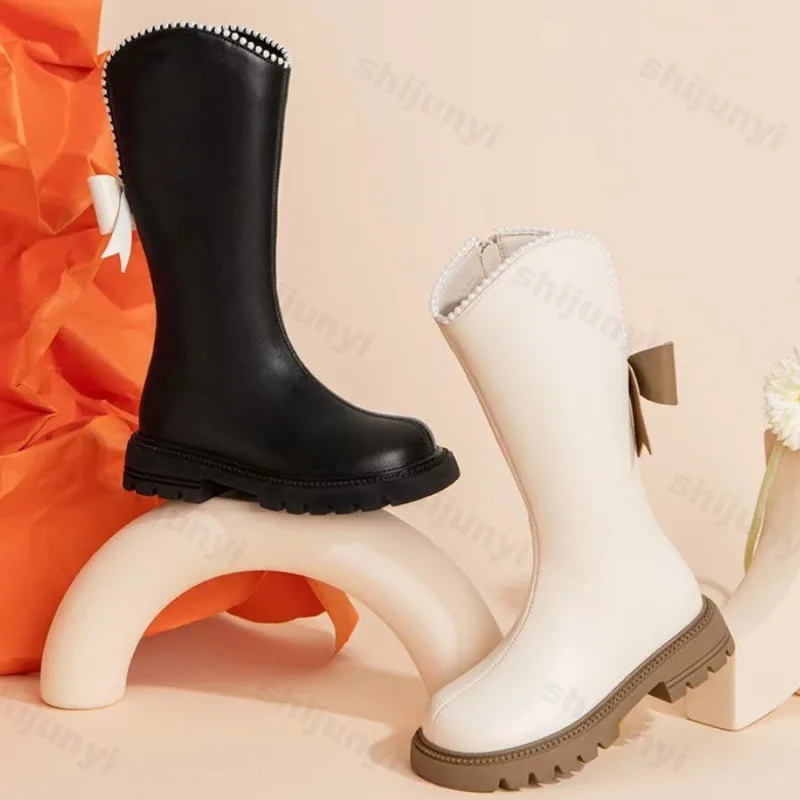 Autumn Winter Girls Leather Boots 2025 Soft Soled Kids Fashion Princess Boots Non-slip Outdoor Bowknot Comfort Children Boots