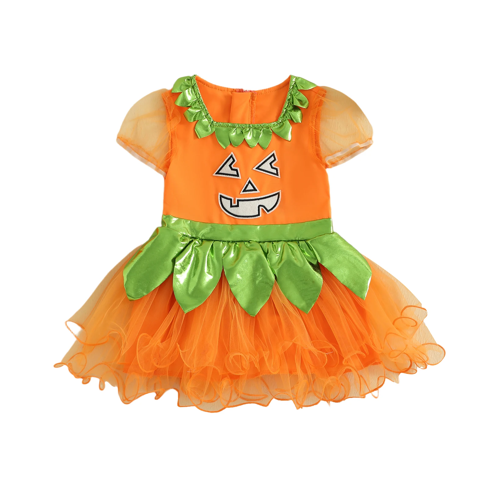 

Kids Halloween Cosplay Costume Girls Short Sleeve Round Neck Pumpkin Tulle Dress