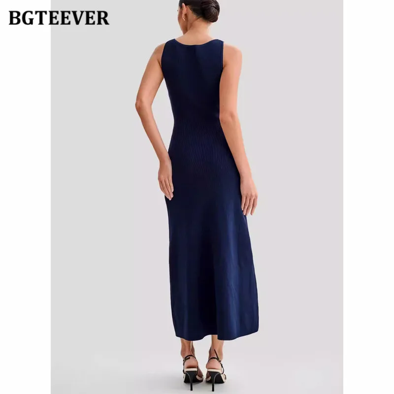 BGTEEVER elegante vestido de punto de un solo pecho con cuello redondo para mujer Primavera Verano vestido ajustado sin mangas para mujer