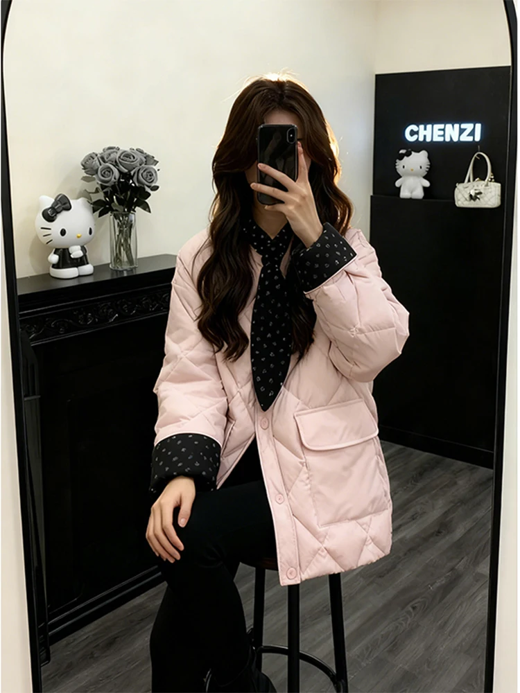 Elegant Pink Floral Patchwork Diamond Pattern Cotton Jacket Women's Winter New Style Warm Cotton Coat Sleeve Design Cotton Pa...