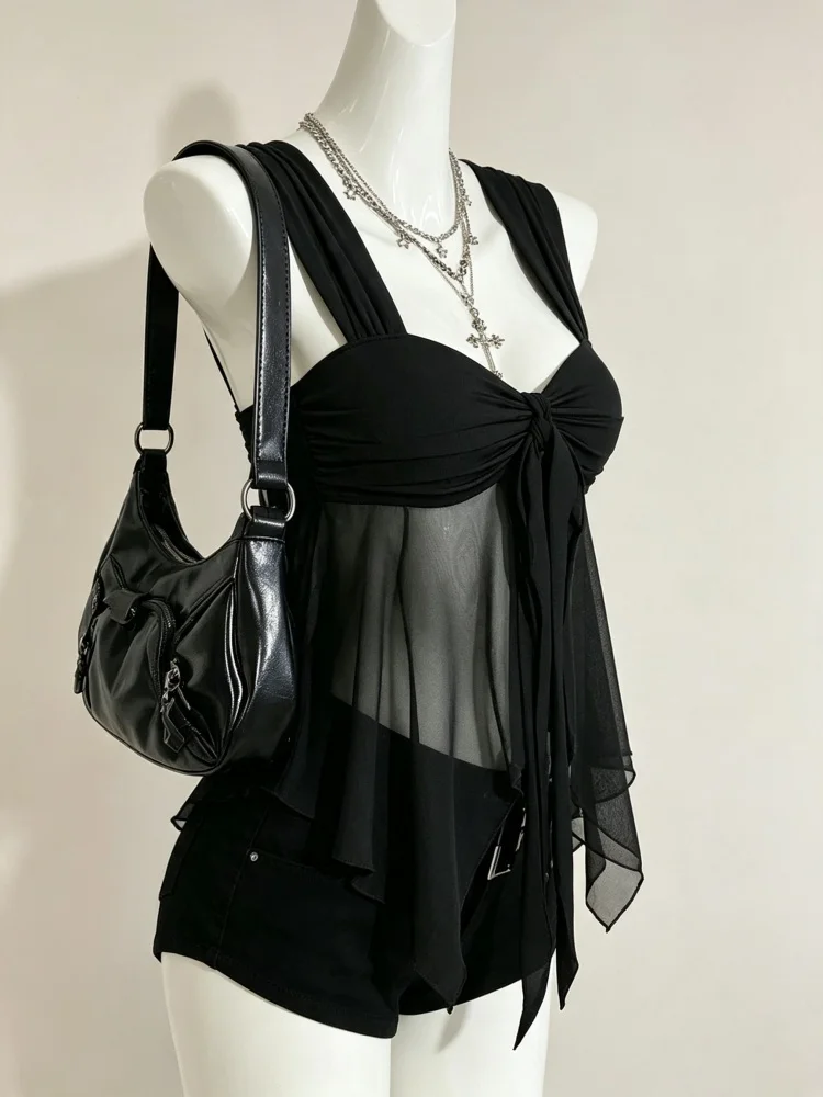 Casual Sweetheart Neck Ruffle Trim Mesh Tank Top. Sff854b5163f74e0f80c0a380d15ef1ecE