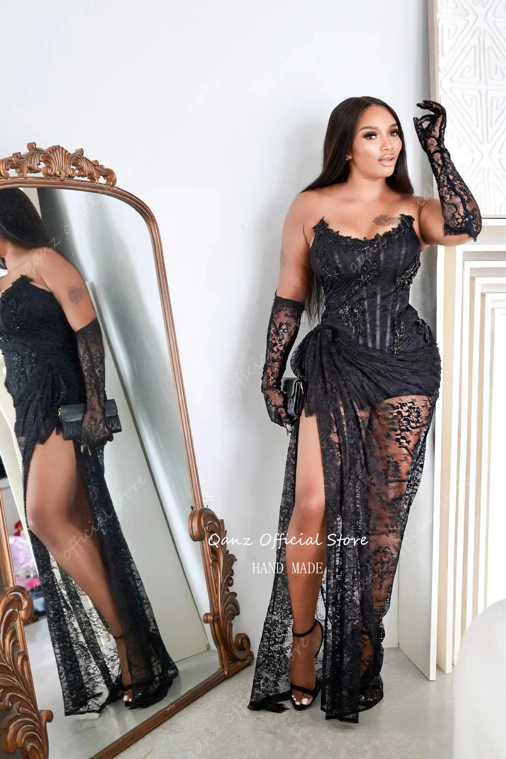 Qanz Sexy Black Lace Appliques Evening Dresses African Black Girl Prom Dress Customized High Leg Slit Floor Length Party Gowns