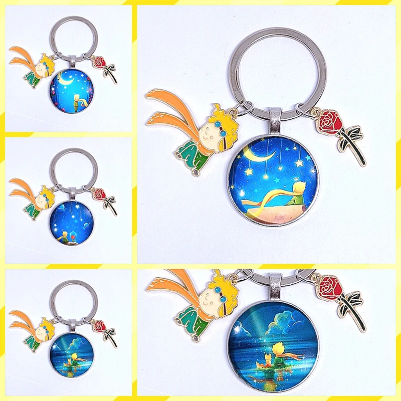 New Little Prince Fox Keychain Starry Sky Back Metal Rose Keyring Pendant Creative Gift Hang Bag