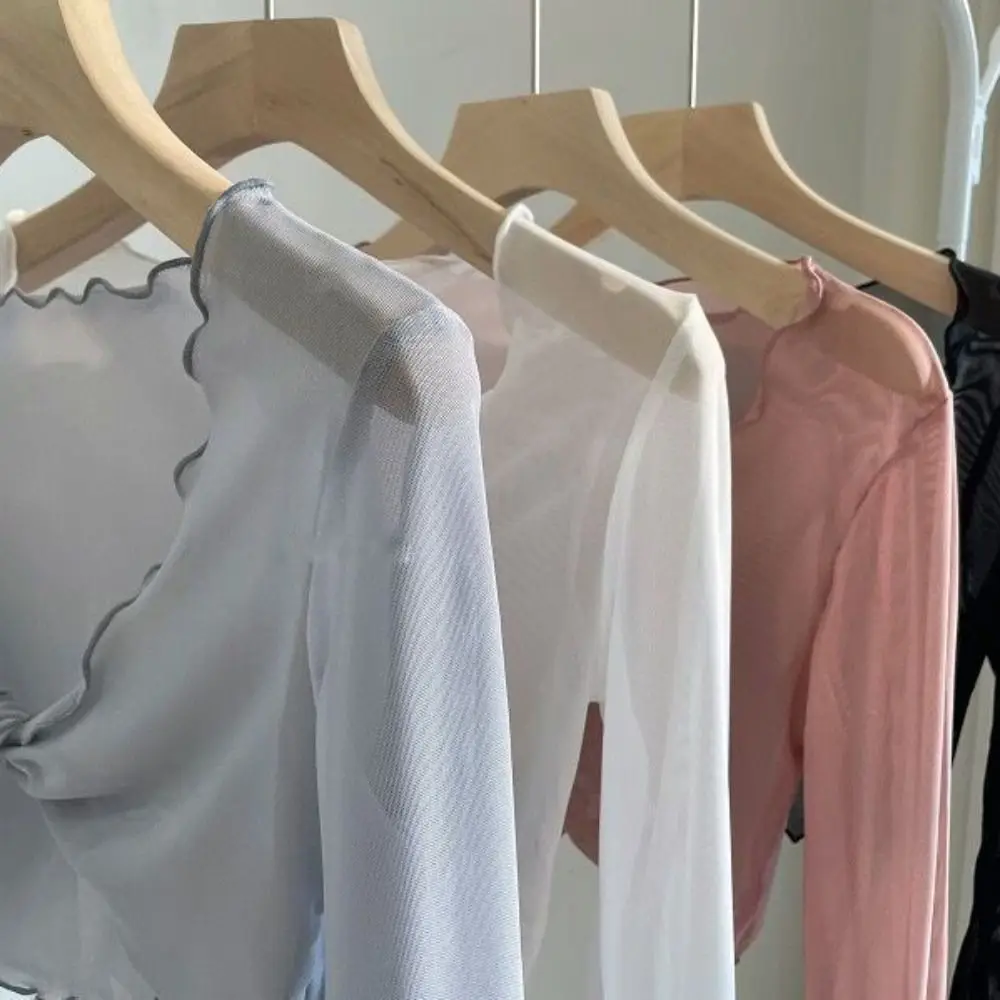 Simple Ruffle Mesh Knot Cardigan See Through V-neck Transparent Cardigan Long Sleeve Korean Shirts for Women Streetwear