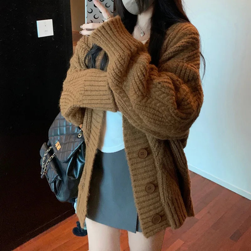 

Korean Knit Solid V-neck Sweater for Women Autumn Winter Fashion Thick Oversized Cardigan Sweater Jacket Coat Japan Streetwear