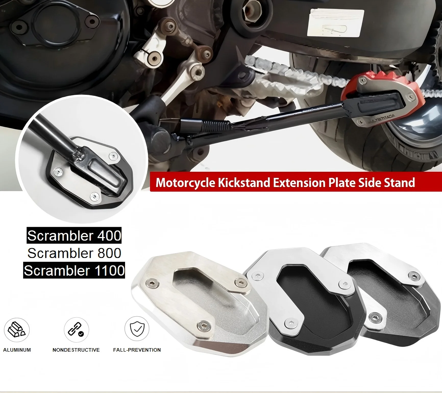 

Для Ducati Scrambler 400/800/1100 - алюминиевая боковая подставка с ЧПУ, удлинитель ног | Увеличитель подставки для парковки