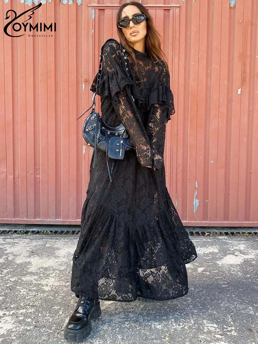 Oymimi Fashion czarne koronkowe sukienki damskie eleganckie sukienki z dekoltem w kształcie litery "o" z długim rękawem sukienki z marszczeniami Casual luźna sukienka do kostek Streetwear