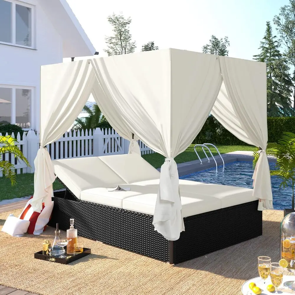 

Beige Outdoor 4-Sided Wicker Rattan Daybed Patio Furniture Set with Adjustable Seats and Cushions