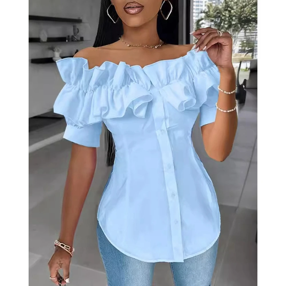 

Women Summer Buttoned Ruffles Off Shoulder Top Fashion Femme Casual Asymmetrical Hem Short Sleeve Blouse Sexy New In Shirts