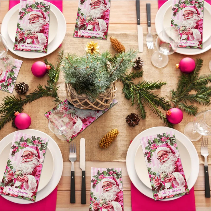 20pcs Christmas Guest Napkins Santa Pink Disposable Paper Tissue Dinner Napkin Bathroom Hand Towels for Xmas Party Supplies