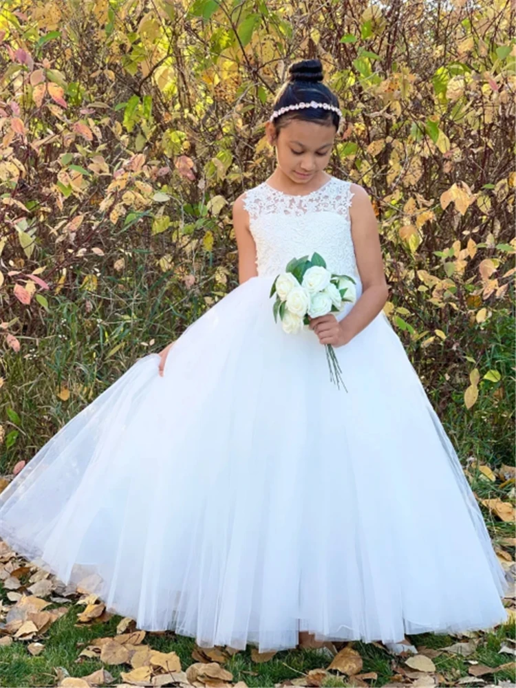 

White Lace Elegant Flower Girl Dress For Wedding Bow Belt Sleeveless O-neck Tulle Ball Dress First Communion Kids Birthday Gowns