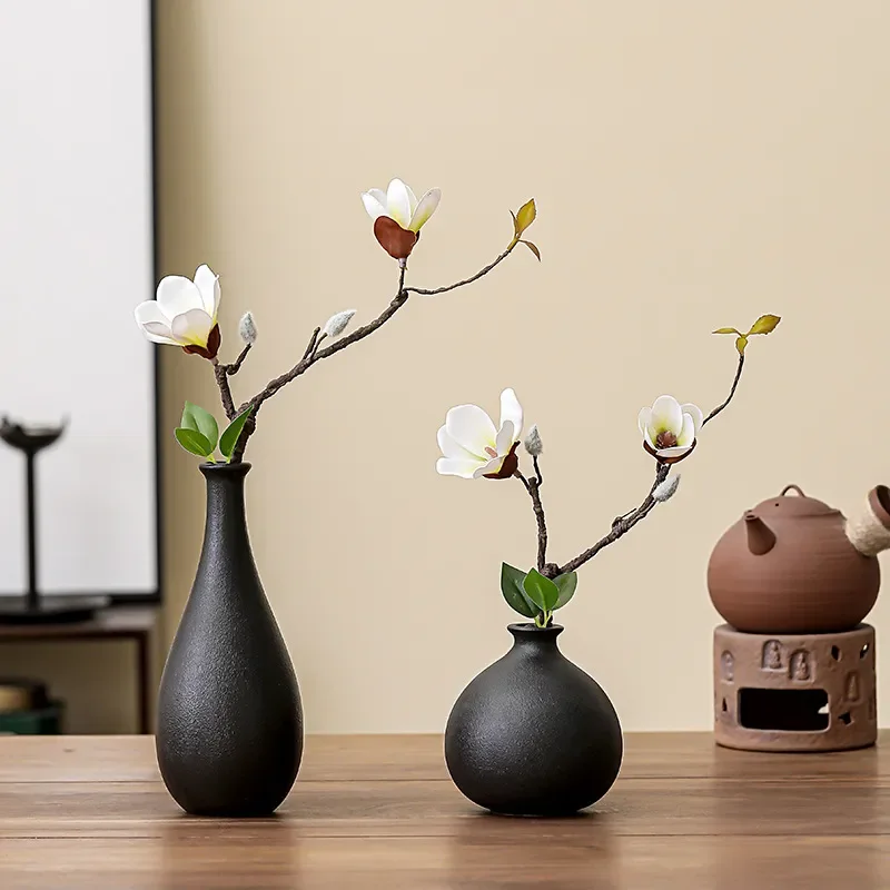 for Chinese Retro Black Ceramic Small Vase Living Room Desktop Dried Flower Decoration Ornament Coffee Table Zen Flower