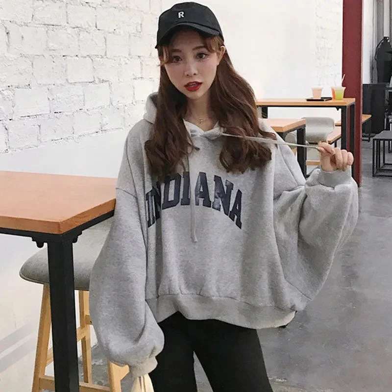 Cropped Hooded Sweatshirt Women Letter Loose Lazy Fall Winter Pullover Hip Hop Long Sleeve Fashion High Street School Tops