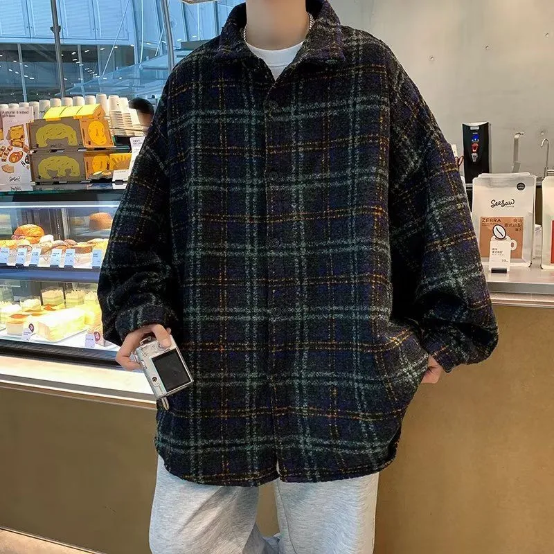 

Мужская шерстяная куртка в клетку свободного кроя, повседневная, с отложным воротником, из полиэстера, для весны, осени и зимы