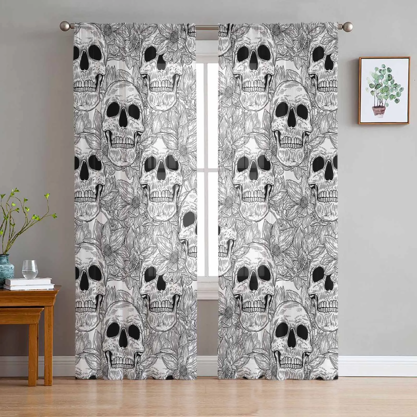 Halloween Skull Flower Hand-Painted Chiffon Sheer Curtains for Living Room Bedroom Decor Kitchen Window Voiles Tulle Curtain