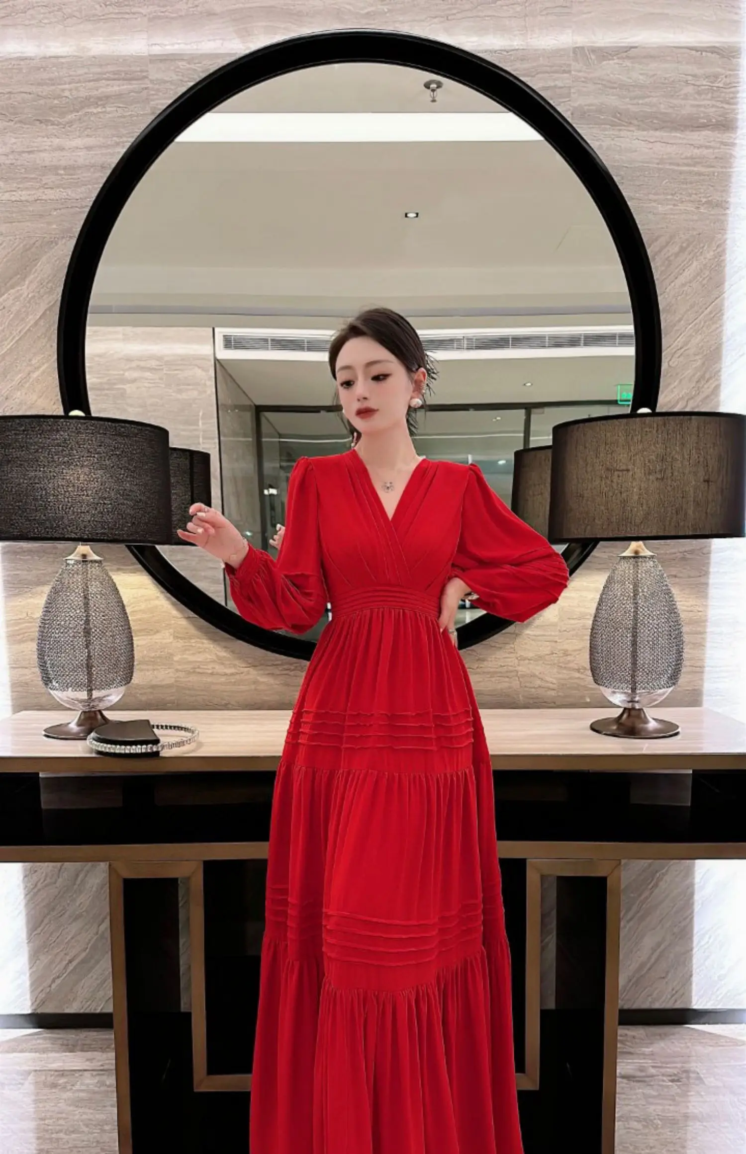 

French Vintage Elegant Runway Long Dress 2023 Spring New V Neck Lantern Sleeve High Waist Red Party Dress Vestidos