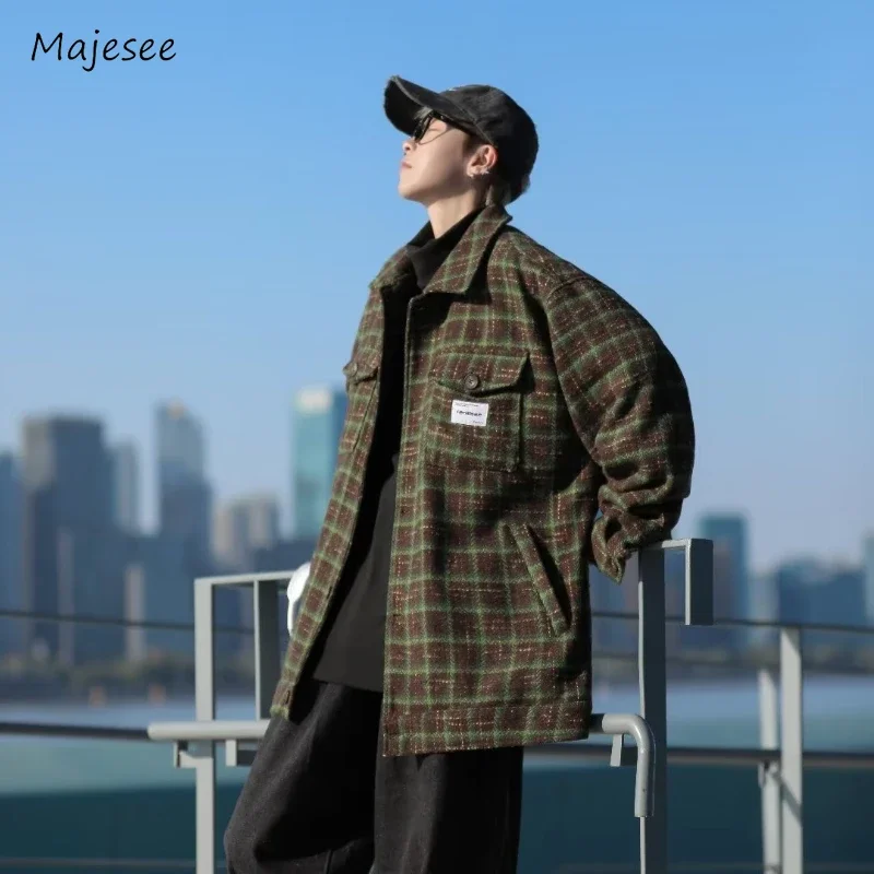 

Plaid Jackets Men Autumn Vintage Handsome Teenagers Baggy Chic Long Sleeve Korean Preppy Style Fashion All-match Males Overcoats