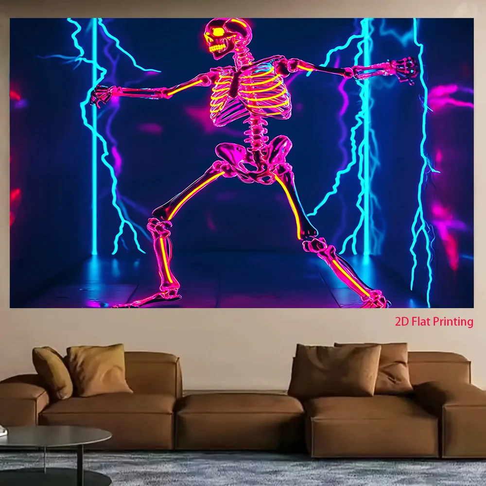 Neon Skeleton Tapestry, Cyberpunk  Bones Lightning Wall Hanging for Gamer Room Party Decor, Cool Gothic Art Gift