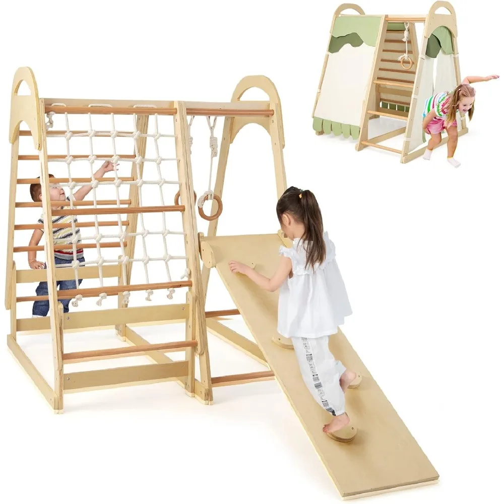 مجموعة لعب مونتيسوري الخشبية 7 في 1 للأطفال: متسلق داخلي مع ميزات الخيمة والانزلاق والتسلق