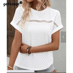 Summer Clothes for Women New Solid Hollow Out Lace Casual T-Shirt Fashion Round Neck Batwing Short Sleeve White Pullover Tops