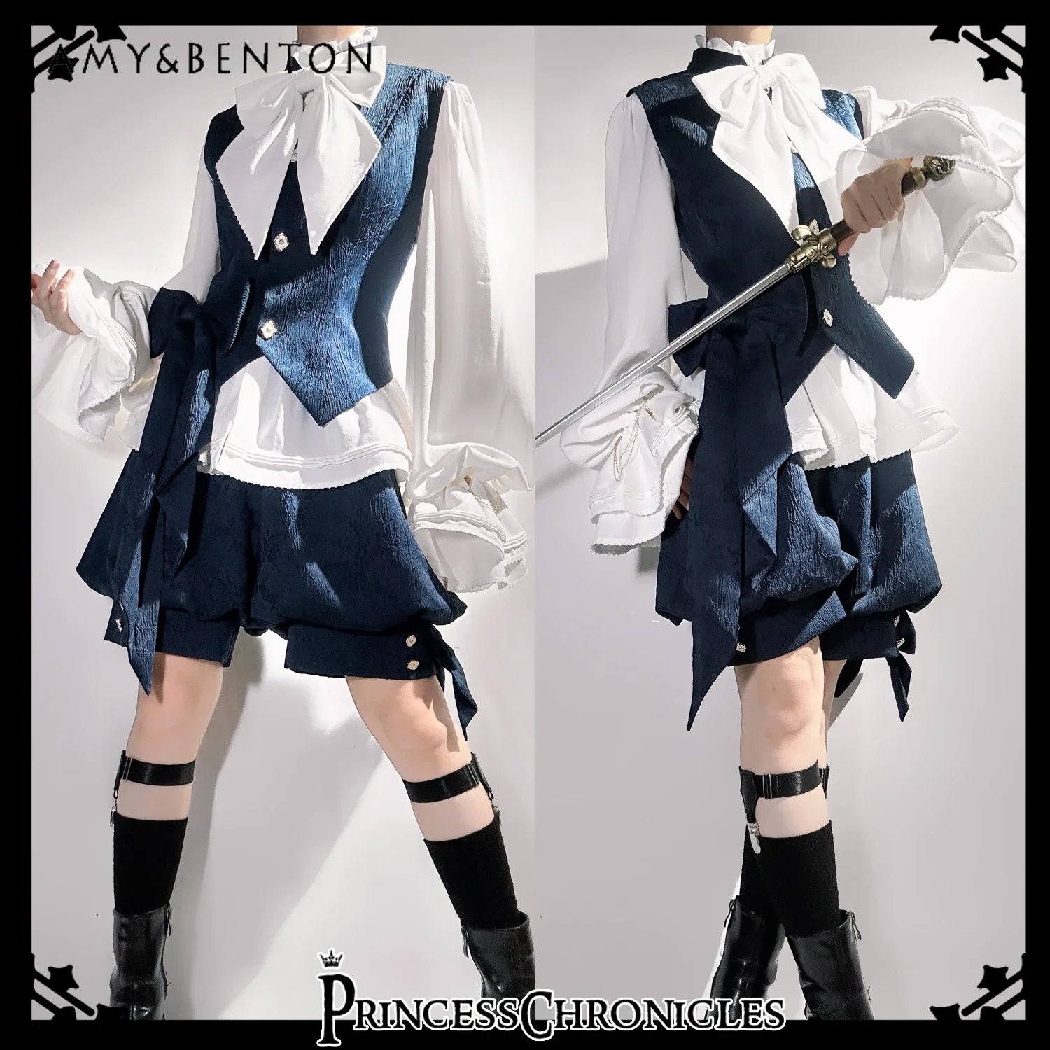 Vintage Court Style Medieval Lolita Cosplay Outfit Set with Rabbit Ear Hooded Jacket Vest Shorts And Shirt Sweet Cool Girl Theme - view 3