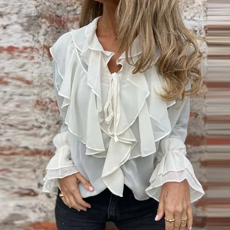 Early Autumn Ruffled Chiffon Women's Shirt Sexy V Neck Lace Up Long Sleeved Commuter Top Simple Solid Color Loose Pullover Tees