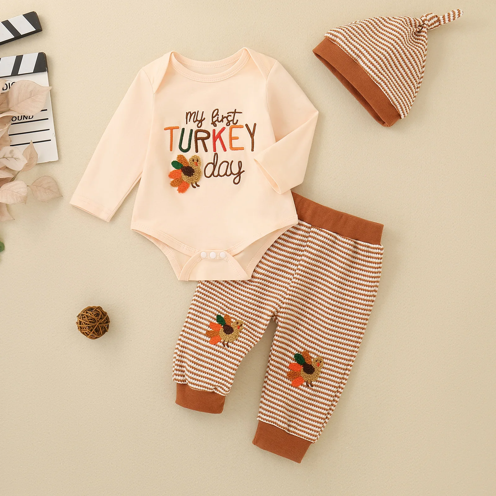 My First Turkey Day Baby 3Pcs Outfit Long‑Sleeve Romper Striped Pants Knotted Hat Newborn Thanksgiving Clothing Set