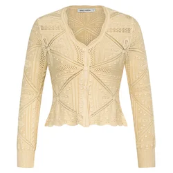 GK Women Hollowed-out Cardigan Long Sleeve V-Neck Cropped Sweater Knitwear