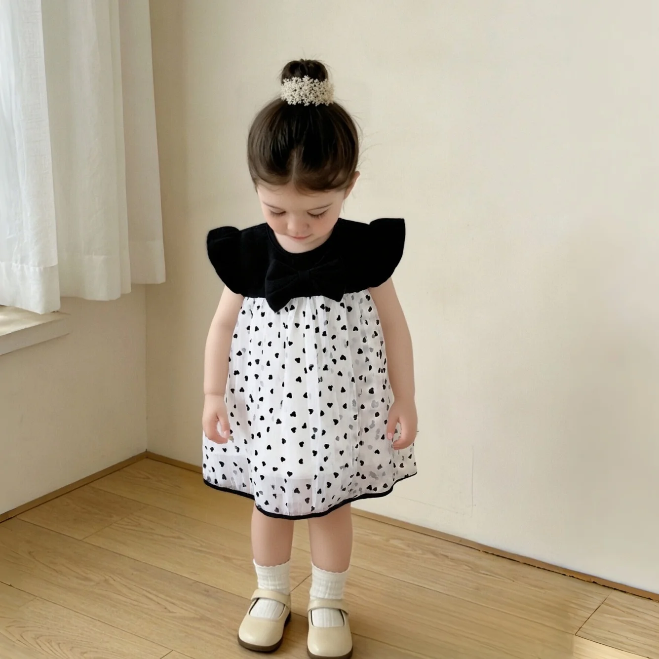 Summer New Baby Girl Dress With Sweet Heart Print, Baby Girl Mesh Princess Dress Children'S Clothing (9 Months To 3 Years Old)