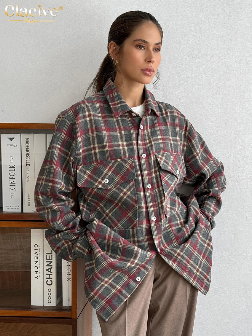 

Clacive Fashion Loose Plaid Women's Shirt 2025 Vintage Lapel Long Sleeve Blouse Elegant Classic Pockets Top Female Clothing