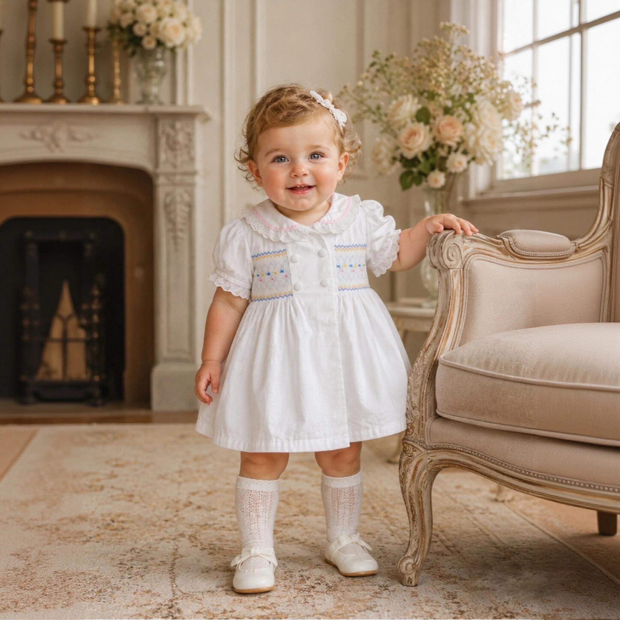 Handgefertigtes, smokiertes Babykleid im spanischen Vintage-Stil, Boutique-Kleid für Kleinkinder, weißes Taufkleid mit Peter-Pan-Kragen und Schleife, Bloomer-Set – Detail 5