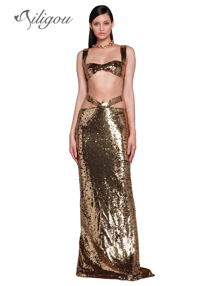 

Ailigou 2023 New Women's Gold Sexy Two Piece Set for Women's Party Clubwear Sleeveless Short Top Sequin Long Dress Matching Set