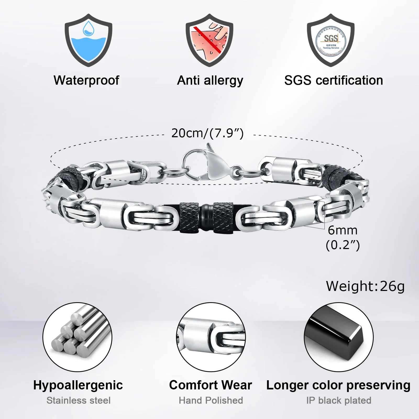 Vnox 6mm Cool Byzantine Bracelets for Men Boys, Black Silver Color Stainless Steel Link Chain Wristband,Punk Rock Hiphop Jewelry