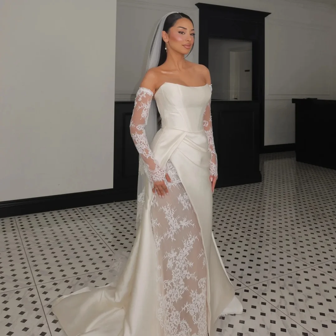 

Exquisite Mermaid Wedding Dresses Plus Size Satin Slit Bridal Gown Elegant Lace Gloves Luxury robe de mariée Customized