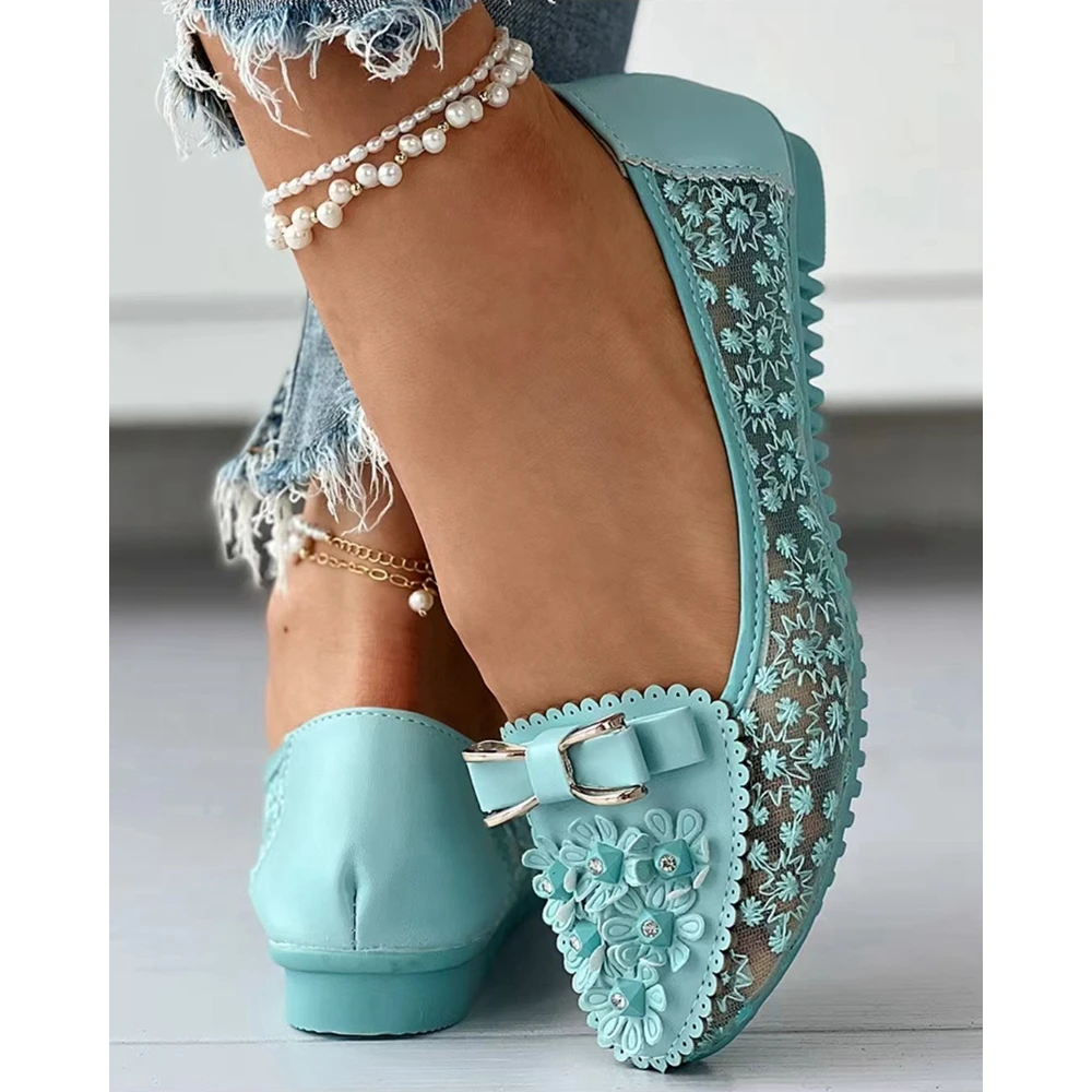 2024 Summer Women Floral Embroidery Bowknot Decor Work Loafers Casual Design Flats Lady Outdoor Slip-on Going Out Elegant Shoes