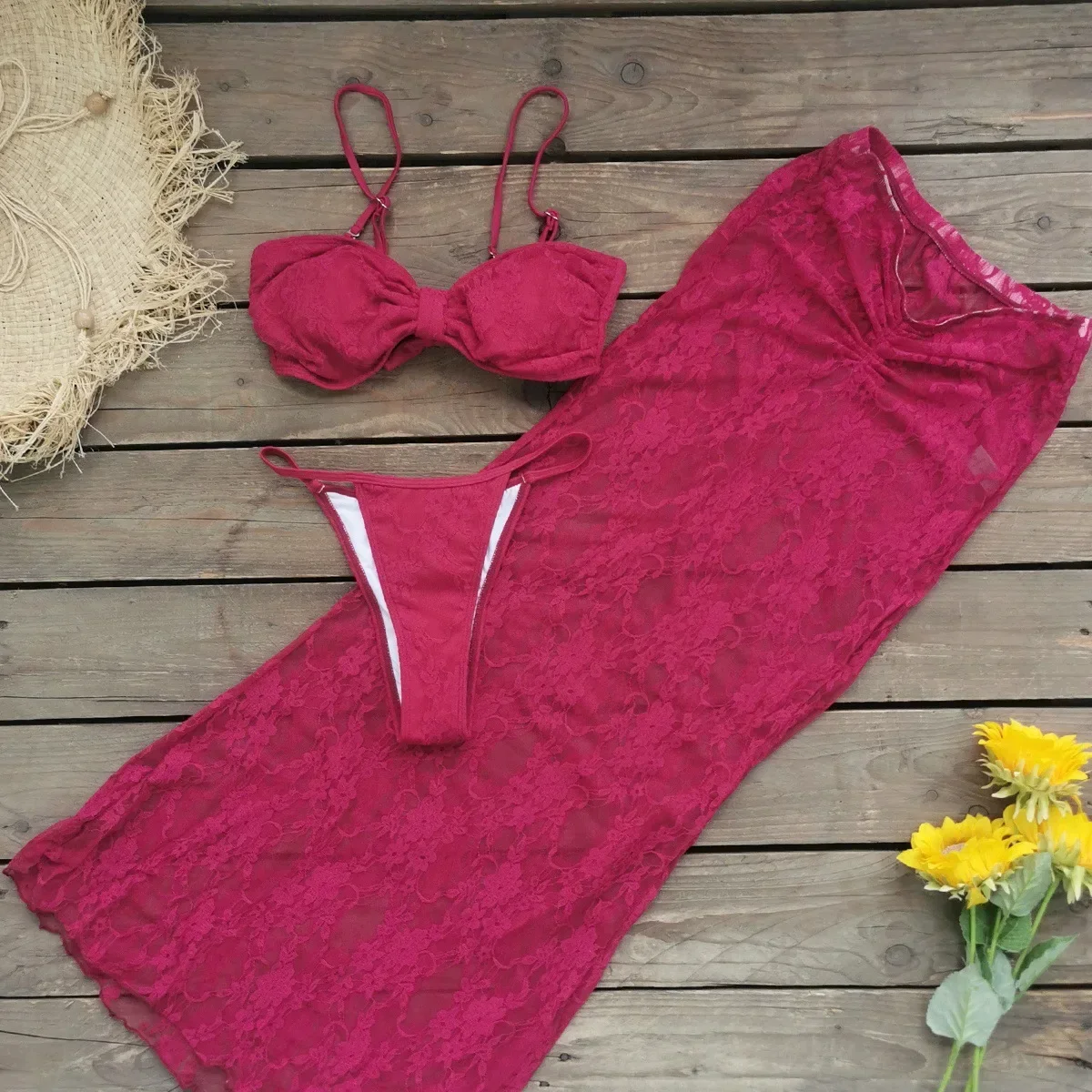 2025年新作 高品質3点ビキニセット セクシー プッシュアップ バックレス レディース水着 グラデーション カバーアップ ハイエンド ニッチ ビーチウェア