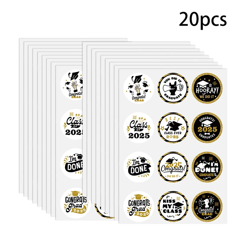 20 Sheets/240 Pcs 2025 Graduation Stickers Class Of Stickers Elegant Black And Golden Circular Adhesive Graduation Gift Tags