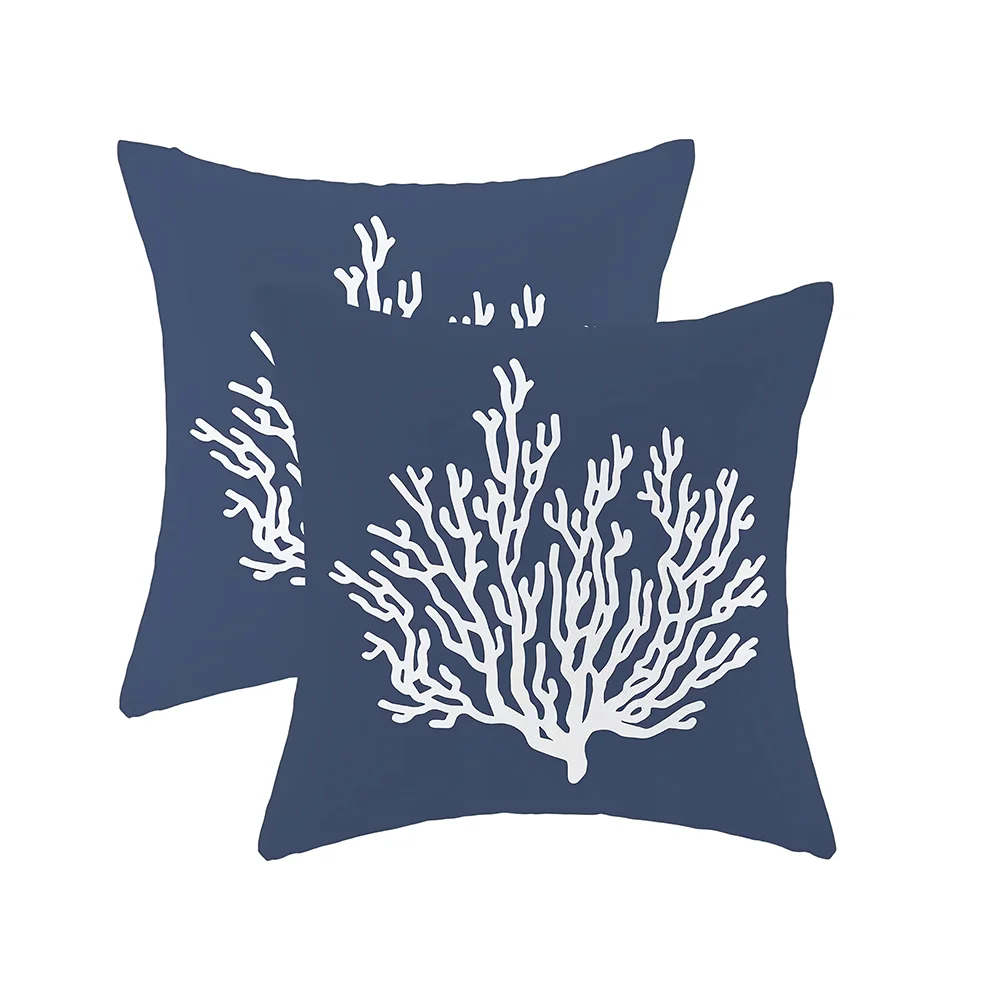 2pcs Navy Blue Coastal Coral Throw Pillow Covers Marine Style Square Cushion Cases for Home Sofa Bedroom Decor