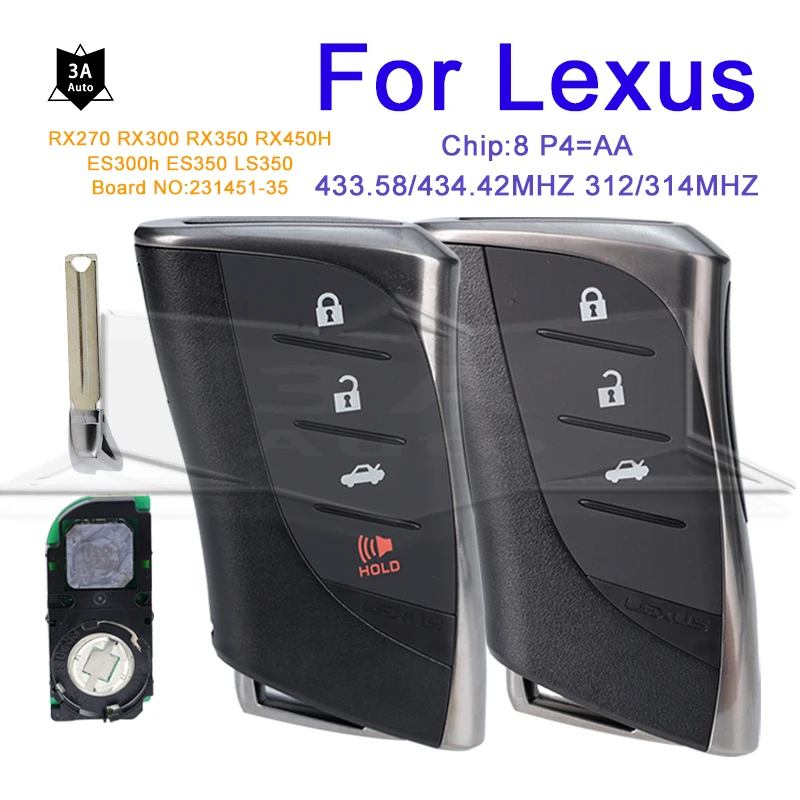 Remote Smart Key for Lexus RX300 RX350 RX450H ES300h ES350 RX270 231451-3590 0440 3410 Car Keys P4=AA 312/314/433.58/434.42MHz