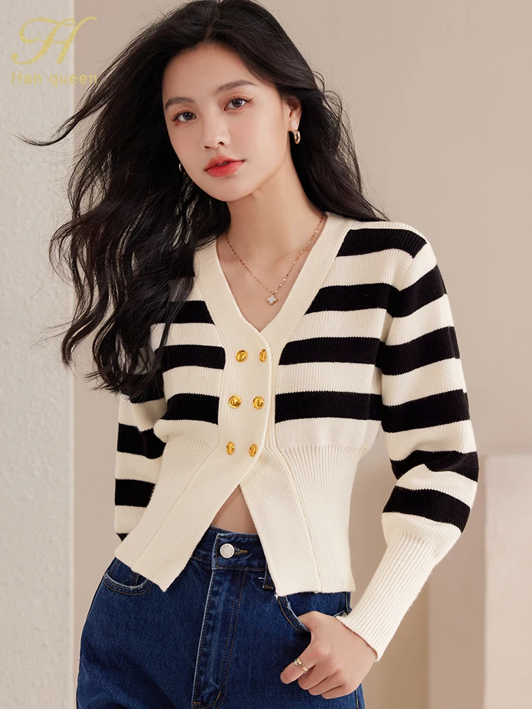 H Han Queen 2024 Autumn Color Blocking Stripes Knitted Cardigan Sweater Women\'s Tops Basic Double Breasted Long Sleeve Cardigans